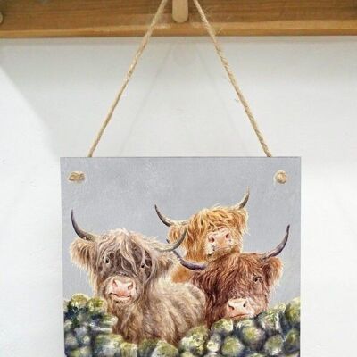 Plaque d'art suspendu, Potins du village, Vaches des Highlands