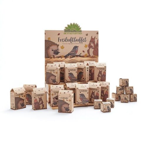 Holzdisplay - Freiluftbuffet & Leckerbissen - Bestückt I Geschenke Garten I Tierfutter als Geschenkidee für Igel, Vogel und Eichhörnchen I Tierfreunde