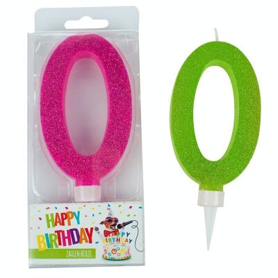 BIRTHDAY FUN number candle 0 glitter maxi, 6 assorted