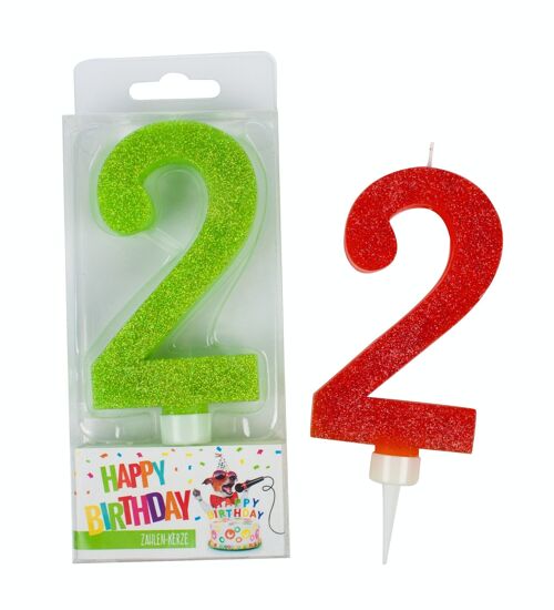 BIRTHDAY FUN Zahlenkerze 2 Glitter Maxi, 6-fach sortiert