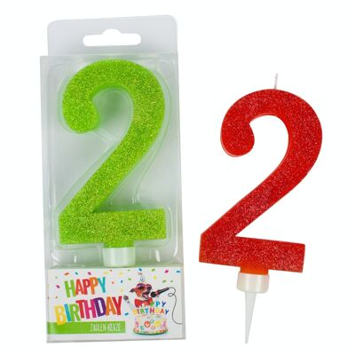 BIRTHDAY FUN Zahlenkerze 2 Glitter Maxi, 6-fach sortiert