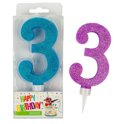 BIRTHDAY FUN Zahlenkerze 3 Glitter Maxi, 6-fach sortiert