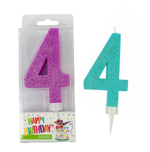 BIRTHDAY FUN Zahlenkerze 4 Glitter Maxi, 6-fach sortiert