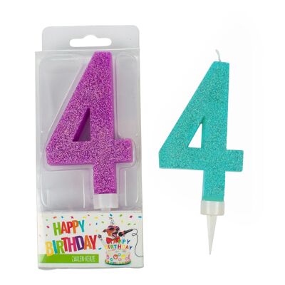 BIRTHDAY FUN Zahlenkerze 4 Glitter Maxi, 6-fach sortiert