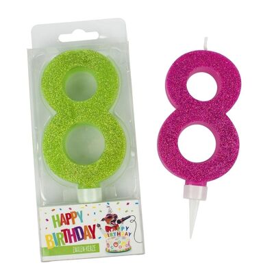 BIRTHDAY FUN number candle 8 glitter maxi, 6 assorted