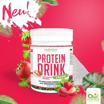 Vegan Protein Drink Fraise 500g Poudre de protéines végétales à base de pois 100% végétaux 1
