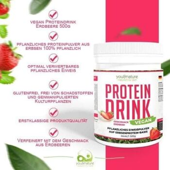 Vegan Protein Drink Fraise 500g Poudre de protéines végétales à base de pois 100% végétaux 3