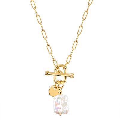 Necklace with yellow gold pendant, white cultured freshwater pearl