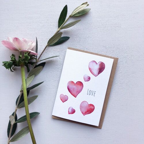 Watercolour Love Hearts greetings card
