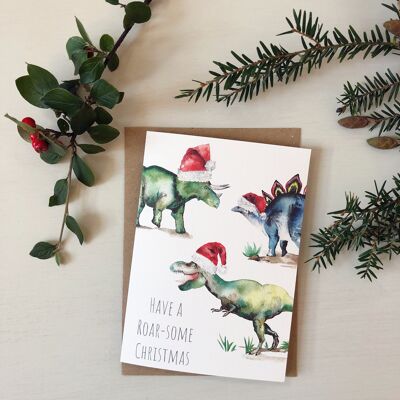 Dinosaurs in Santa Hats Christmas Card