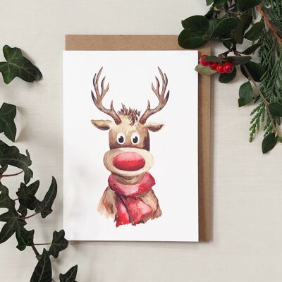 Cartolina di Natale con renne dal naso rosso
