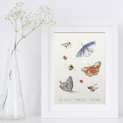 Stampa artistica di farfalle, bombi e coccinelle