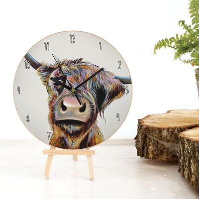 Orologio in legno - Una mucca delle Highland con i capelli brutti