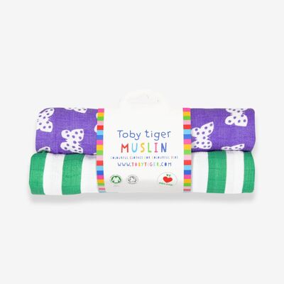 Organic cotton muslin diapers in a double pack with butterfly print
