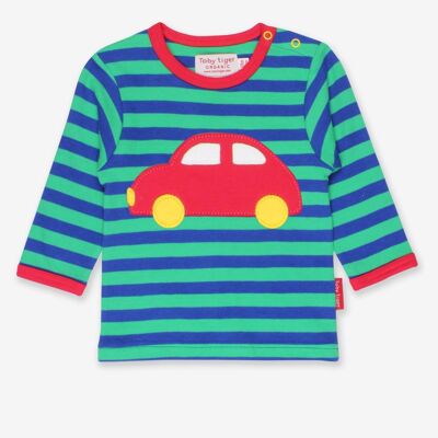 Long-sleeved shirt made from organic cotton, striped with a car appliqué