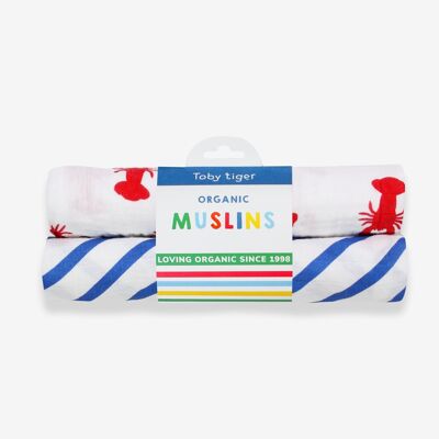 Organic cotton muslin diapers in a double pack with lobster print