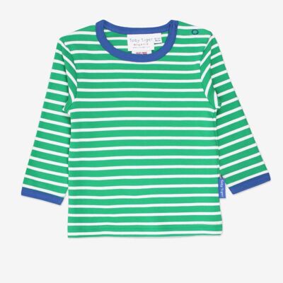 Long-sleeved shirt made from organic cotton, green and white striped