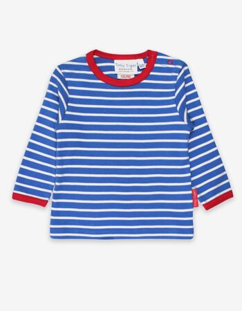 Chemise à manches longues en coton biologique, rayée bleu et blanc 1