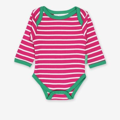 Body de bebé con escote lencero rosa a rayas confeccionado en algodón orgánico