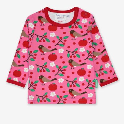 Long-sleeved shirt made from organic cotton with a bird and apple print