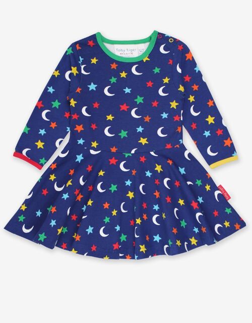 Skater Kleid mit langen Ärmeln und Mond und Sterne Print aus Bio Baumwolle