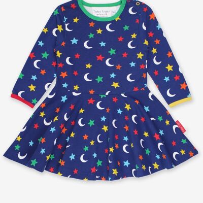 Skater dress with long sleeves and a moon and star print made from organic cotton