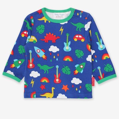 Long-sleeved shirt with a rocket, dinosaur and car print made from organic cotton