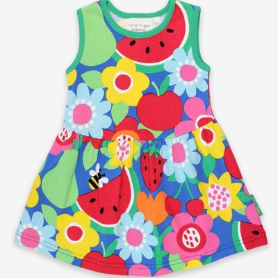 Vestido de verano, algodón orgánico, manga corta con estampado de flores de frutas.