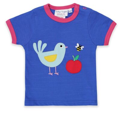 Camiseta, aplicación de pájaros, algodón orgánico.