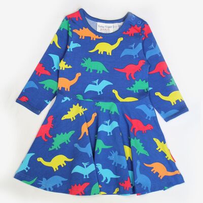 Robe en coton bio coupe patineuse et imprimé dinosaure arc-en-ciel coloré