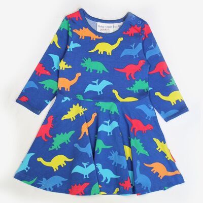 Organic cotton dress with a skater cut and colorful rainbow dinosaur print