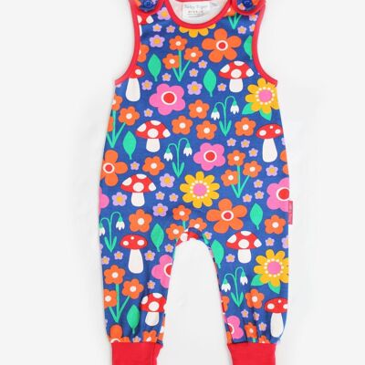 Organic cotton romper with flower pattern and mushroom applications