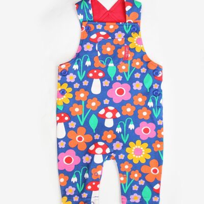 Organic cotton dungarees with flower pattern and mushroom applications