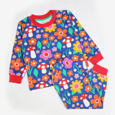 Organic cotton pajamas with flower pattern and mushroom applications