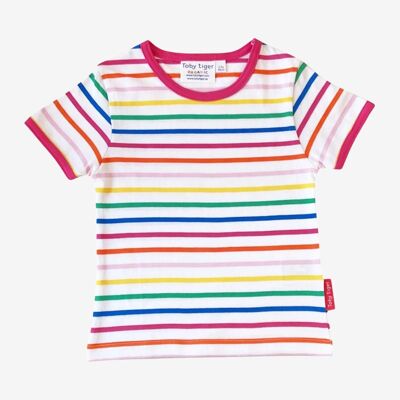 T-shirt rayures arc-en-ciel rose en coton bio