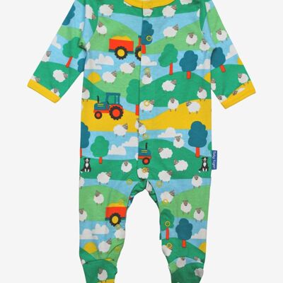 Pajamas, one-piece suits with a farm design made from organic cotton
