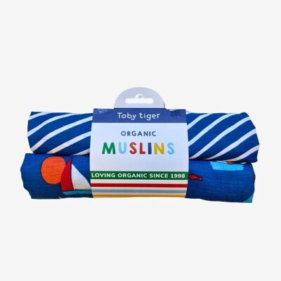 Pack of 2 organic cotton muslin cloths with sailboat motif