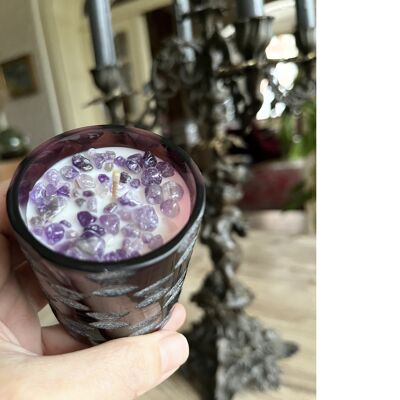 Handmade 20s inspired glass candle with semi-precious stones