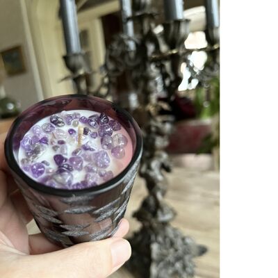 Bougie en verre d'inspiration année 20 faite à la main avec pierres semi-précieuses