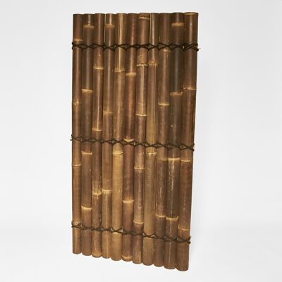 Bamboo half fence / privacy screen made of dark bamboo half tubes and coconut fiber