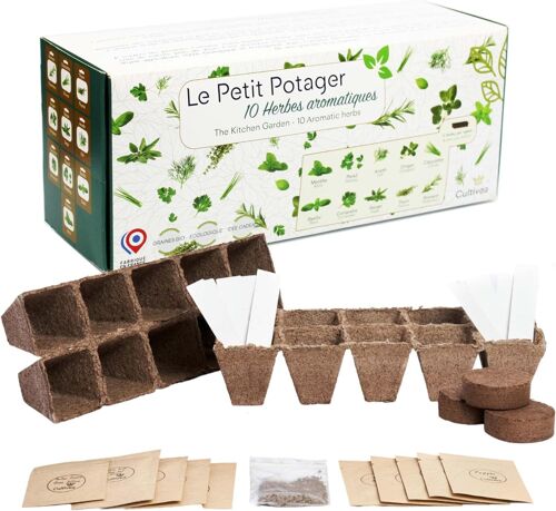 CULTIVEA® Le Kit Petit Potager - Kit de 10 graines herbes aromatiques - Pots à semis - Graines bio - Jardinez et dégustez - Idée cadeau (basilic, thym, aneth, coriandre, menthe, sauge…)