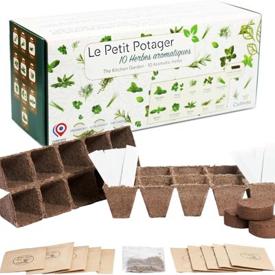 CULTIVEA® The Small Vegetable Garden Kit - Kit of 10 aromatic herb seeds - Seedling pots - Organic seeds - Garden and enjoy - Gift idea (basil, thyme, dill, coriander, mint, sage, etc.)
