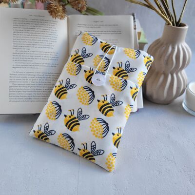 Funda de libro de abejas, cubierta de libro con bolsillo y cierre de botón.