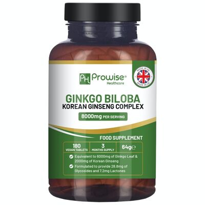 Ginkgo Biloba und koreanischer Ginseng Tabletten 8000 mg 180 vegane Tabletten von Prowise