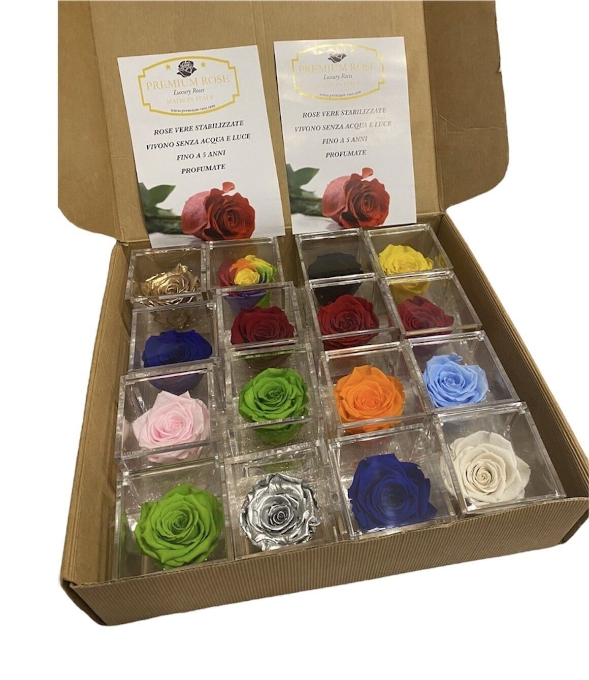 3 Box da 16 Cubi 8cm con Rose Rosse eterne profumate per Bomboniera, Totale 48 cubi rose