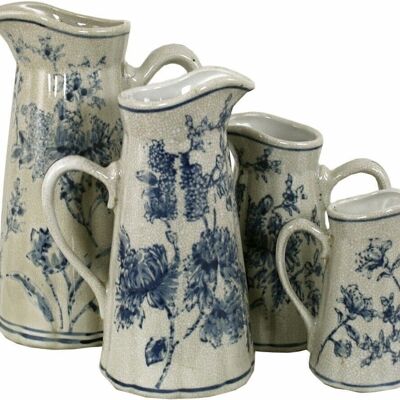 Set of 4 Ceramic Jugs, Vintage Blue & White Magnolia Design