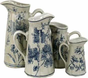 Ensemble de 4 carafes en céramique, motif magnolia bleu et blanc vintage 1