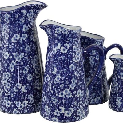 Set of 4 Ceramic Jugs, Vintage Blue & White Daisies Design