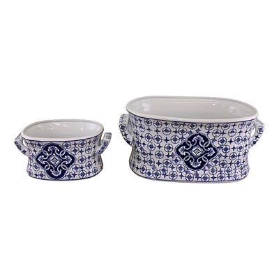Set mit 2 Fußbad-Pflanzgefäßen aus Keramik, kreisförmiges Vintage-Design in Blau und Weiß