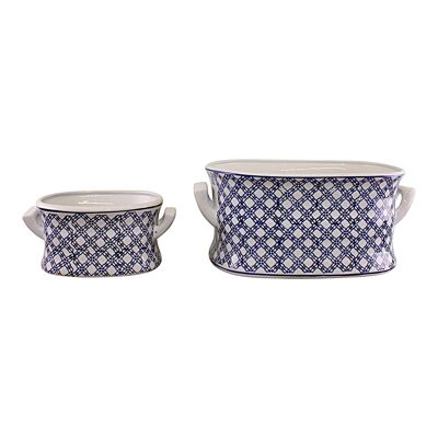 Set mit 2 Keramik-Pflanzgefäßen für Fußbäder, geometrisches Vintage-Design in Blau und Weiß